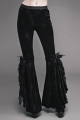 Black Gothic Lace Hem Embossed Velvet Flare Womens Pants - Black - 1