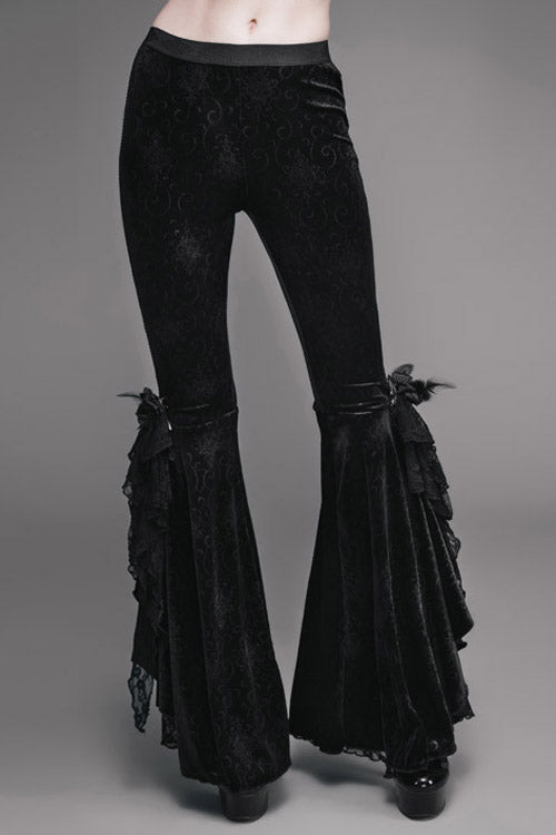 Black Gothic Lace Hem Embossed Velvet Flare Womens Pants - Black - 1