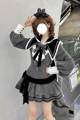 Black [Bizarre Rabbit Opera] Navy Collar Long Sleeves Print Ruffle Bowknot Gothic Lolita Dress - Product - 10