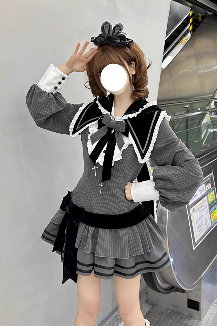 Black [Bizarre Rabbit Opera] Navy Collar Long Sleeves Print Ruffle Bowknot Gothic Lolita Dress - Product - 10