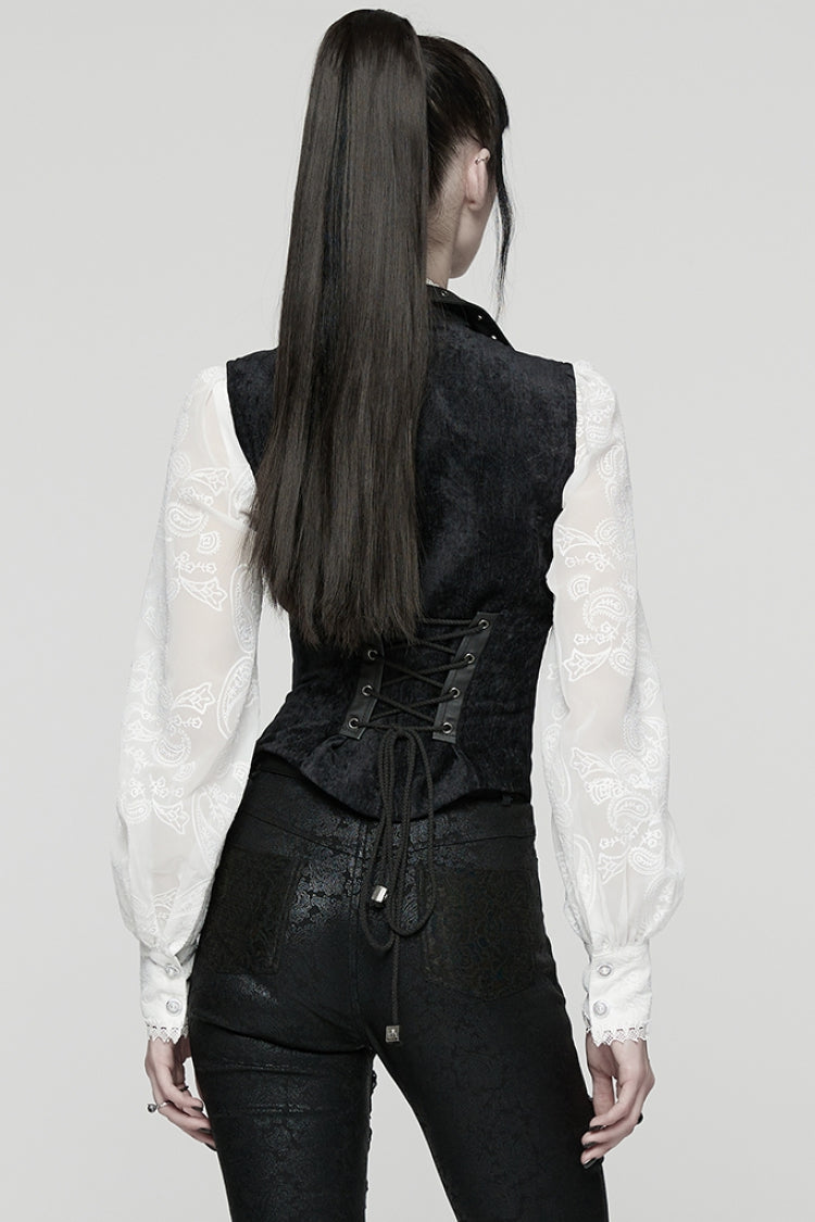 Black V Collar Sleeveless Lace-Up Buckled Eyelet Women's Gothic Vest - Product - 3