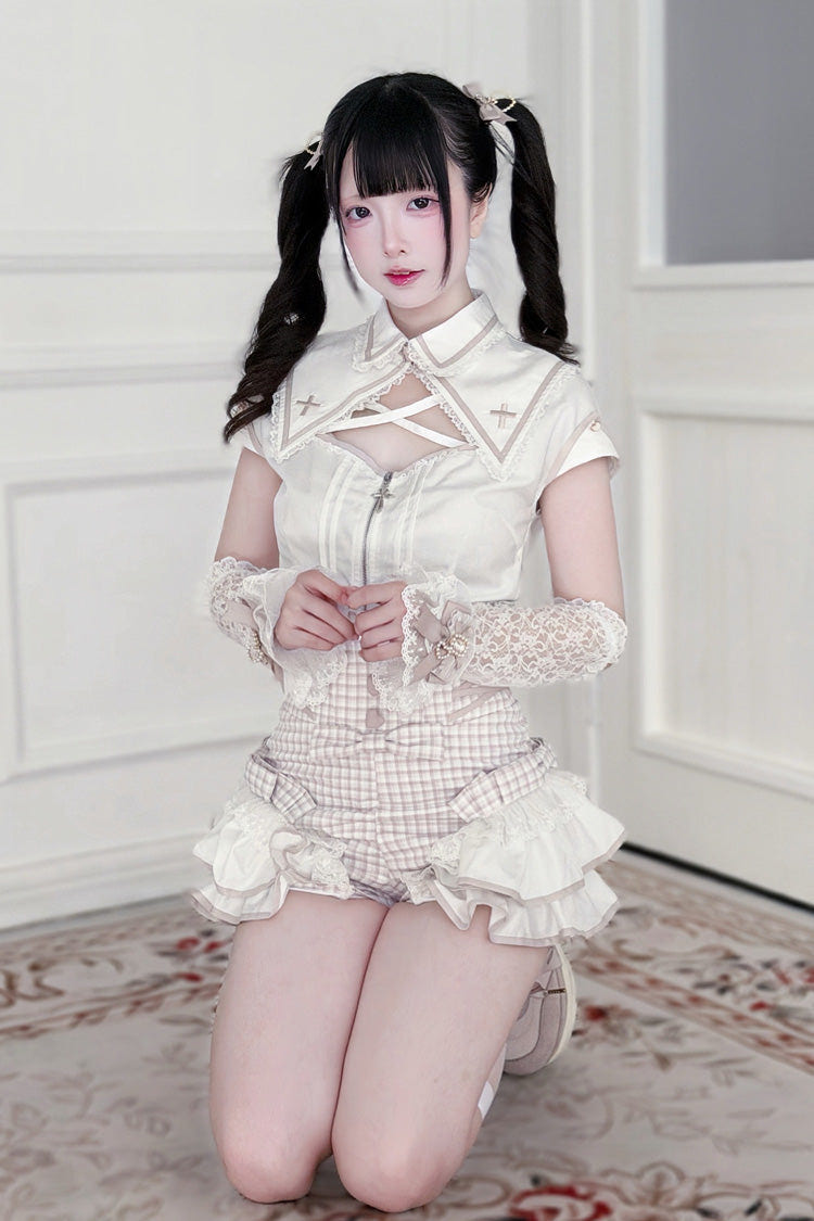 地雷系 ラペルカラー 半袖 プリント フリル Cut-Out レース スウィート 和風 騎士 ショートパンツ セット 2色 商品画像