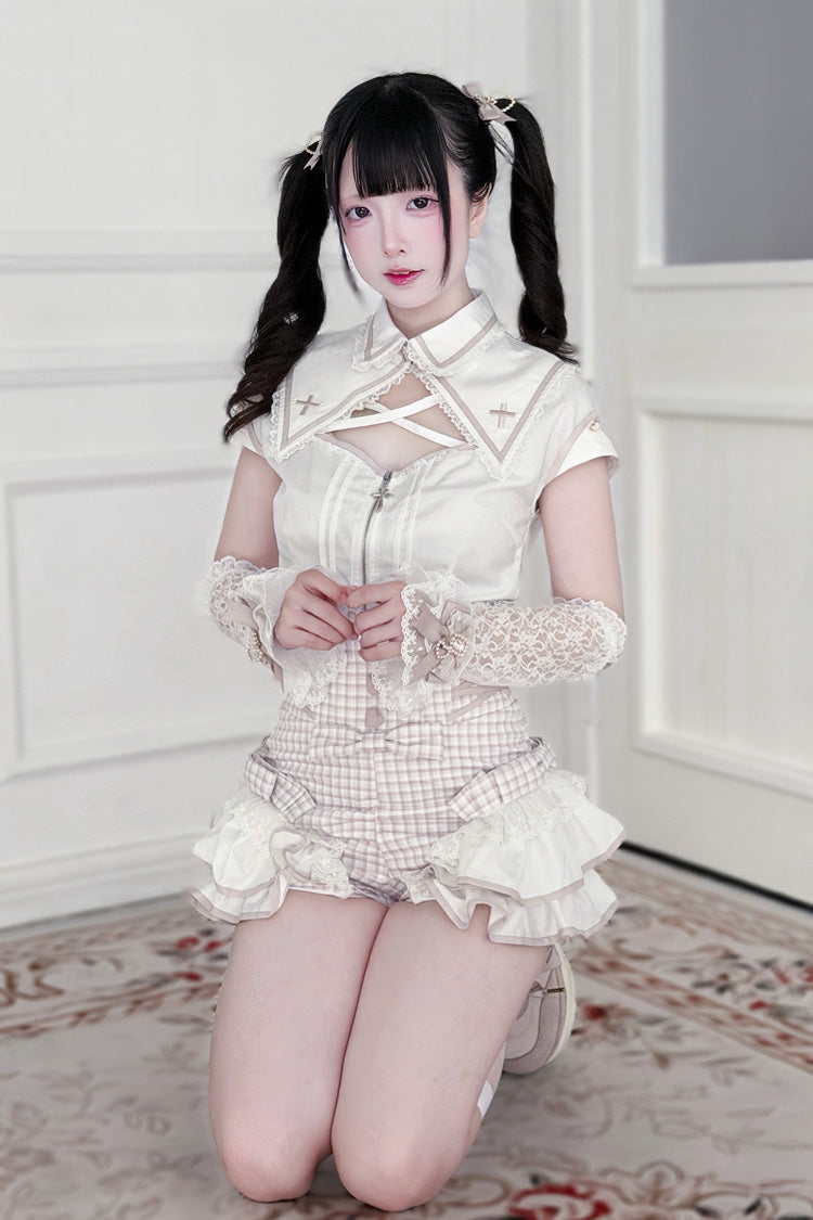 Jirai Kei Lapel Collar Short Sleeves Printed Ruffled Cut-Out Lace Sweet Japanese Knight Shorts Set 2 Colors - Product - 7