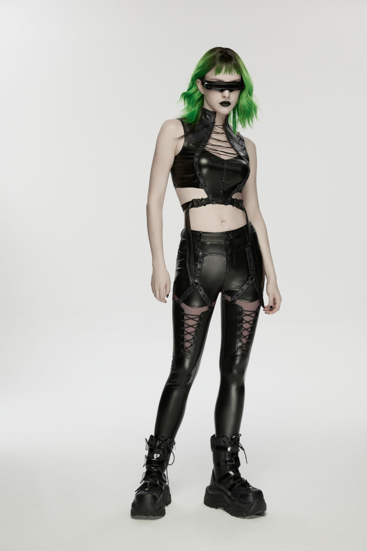 Black Cut-Out Spliced Eyelet Mesh Women's Punk Leggings - Product - 4