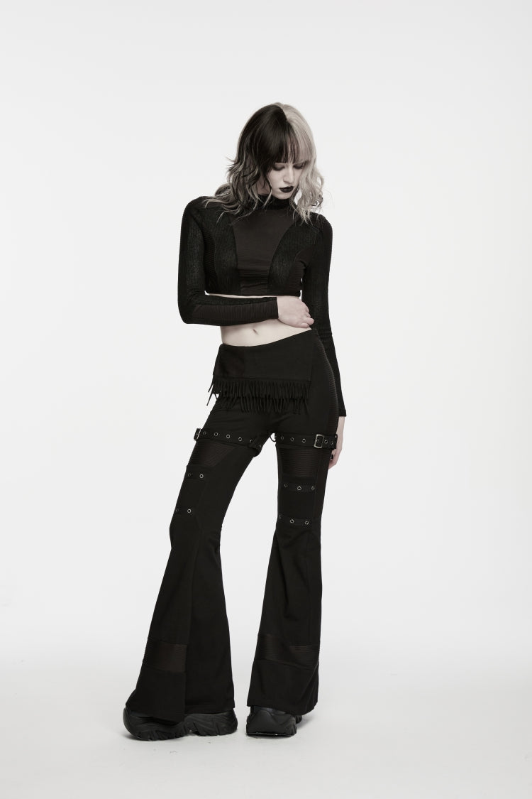Black Slim Fit Asymmetric Eyelet Women's Punk Cool Flared Pants - Product - 4