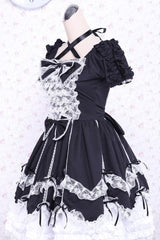 Black/White Cotton Square Collar Lace Trim Gothic Lolita Dress - Product - 3