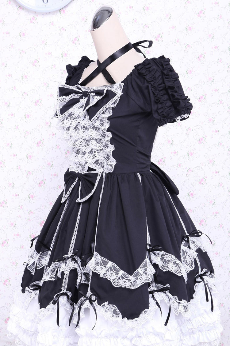 Black/White Cotton Square Collar Lace Trim Gothic Lolita Dress - Product - 3