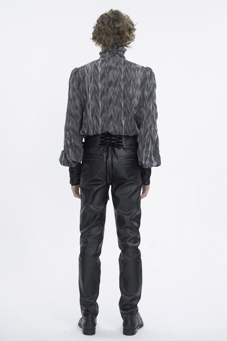 Black/Grey Ruffle Stand Collar Print Lace-Up Men's Gothic Blouse - Product - 4