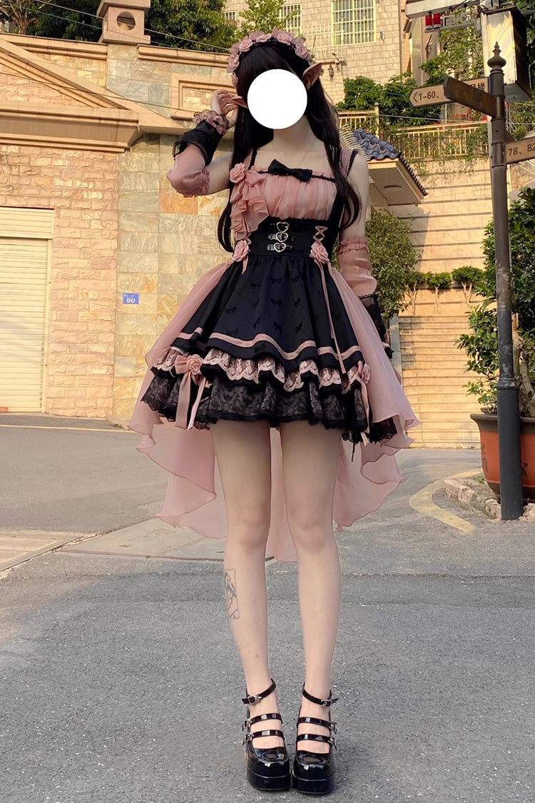 Black/Pink Multi-layer Ruffle Bowknot Sweet Princess Lolita Dress - Product - 7