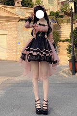 Black/Pink Multi-layer Ruffle Bowknot Sweet Princess Lolita Dress - Product - 7