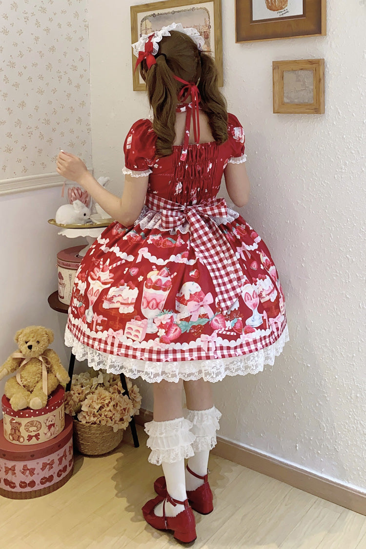 Red [Strawberry Parfait] Print Short Sleeves Ruffle Bowknot Lace Lace-Up Sweet Lolita Dress - Product - 6