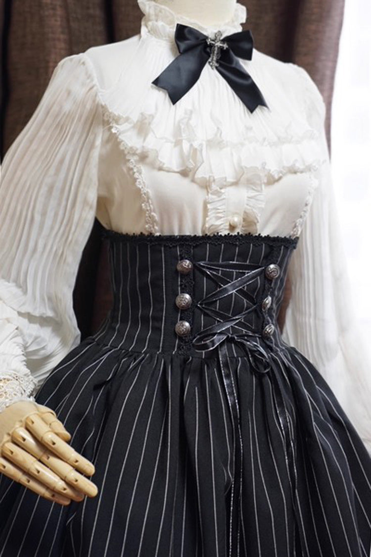 Black Multi-Layered Stripe Print Ruffle Lace-Up Classic College Style Elegant Lolita Skirt - Product - 7