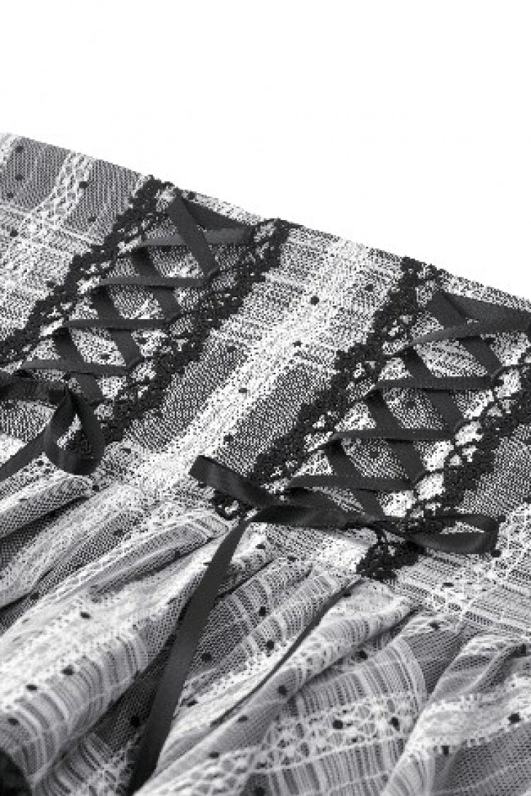 Black/Grey High Waisted Lace-Up Lace Ruffled Layered Hem Women's Lolita Gothic Skirt - Product - 12