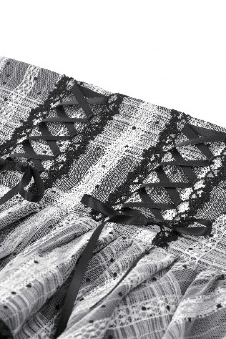Black/Grey High Waisted Lace-Up Lace Ruffled Layered Hem Women's Lolita Gothic Skirt - Product - 12