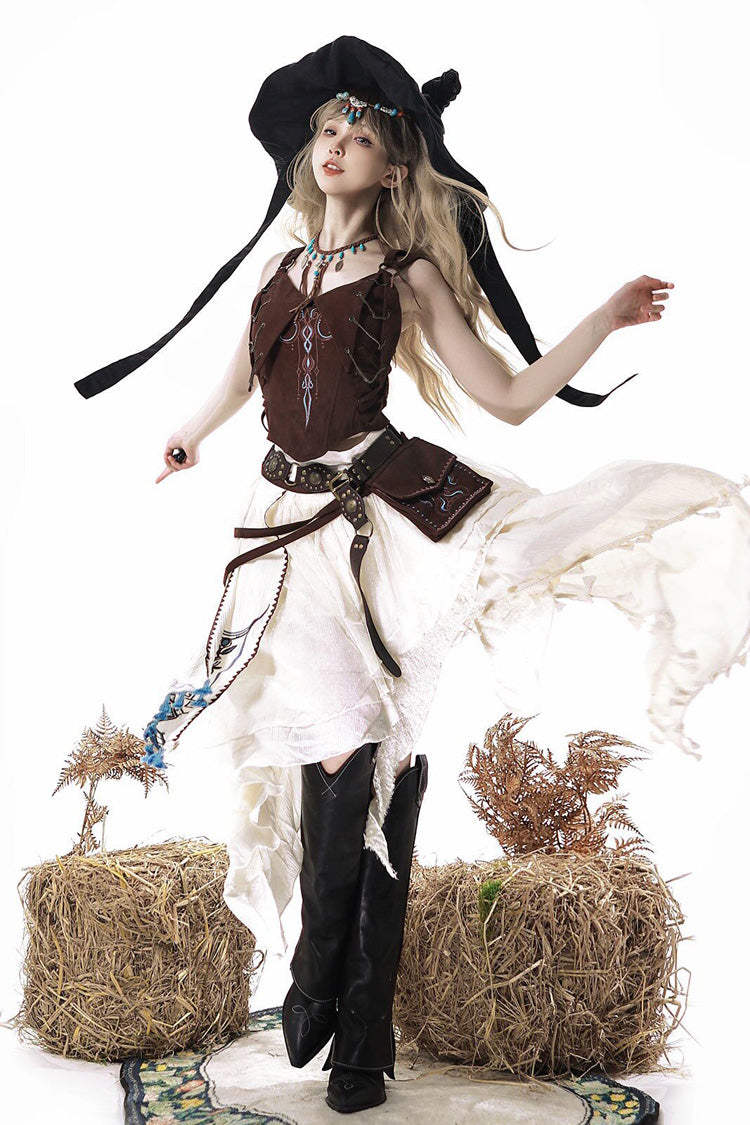 Brown/White [Dune Shadow Seeker] Sleeveless Ruffled Embroidered Irregular Vintage Lolita Skirt Set - Product - 8