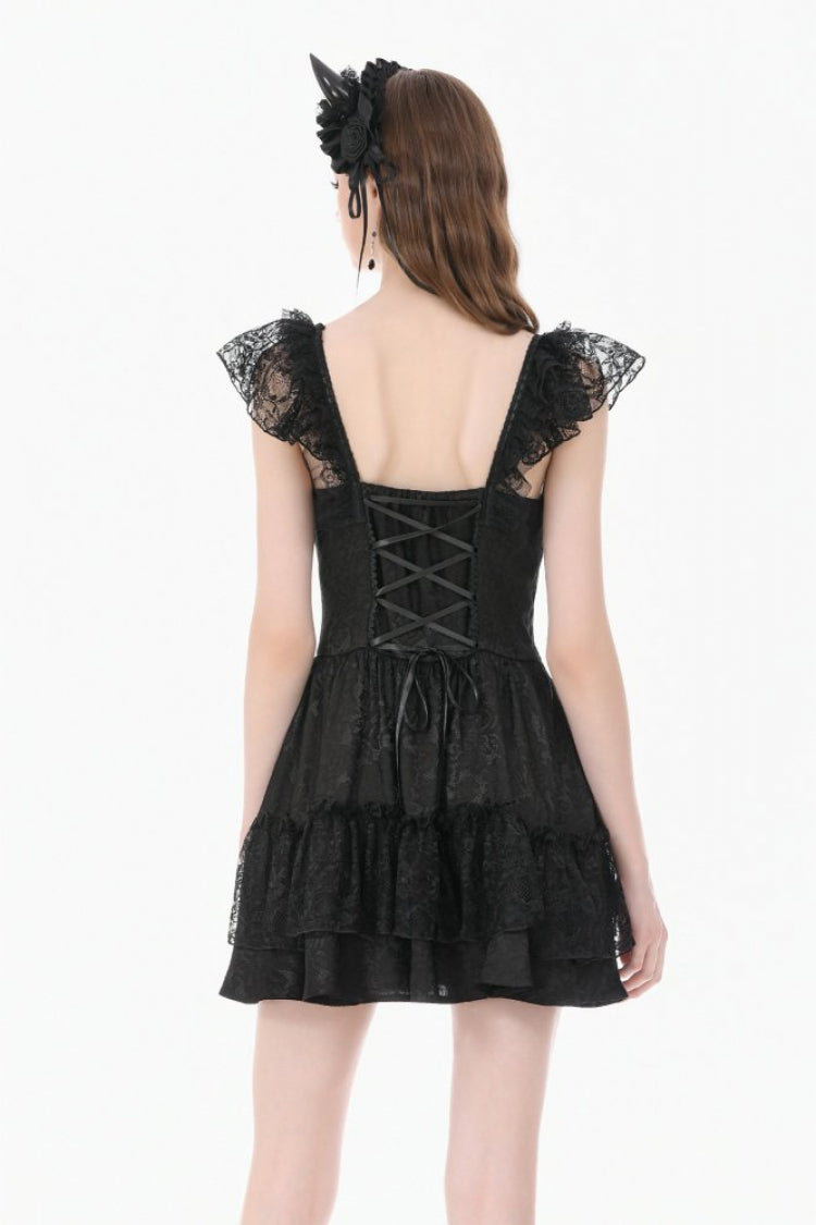 Black Flutter Sleeves Jacquard Bowknot Lace Ruffled Lace-Up Women's Gothic Cake Mini Dress - Product - 4