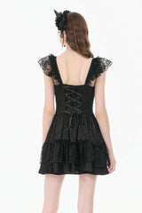 Black Flutter Sleeves Jacquard Bowknot Lace Ruffled Lace-Up Women's Gothic Cake Mini Dress - Product - 4