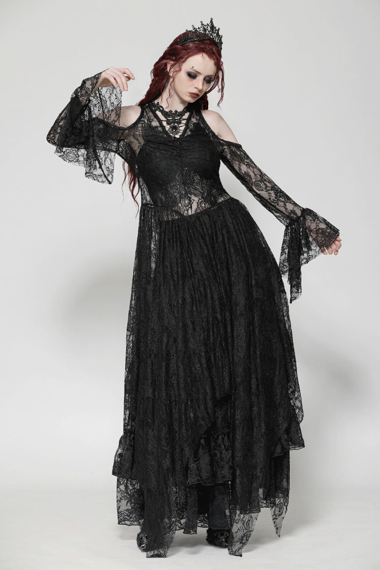 Black Off Shoulder Long Sleeves Women's Gothic Irregular Lace Dress Wedding Dress - Product - 2
