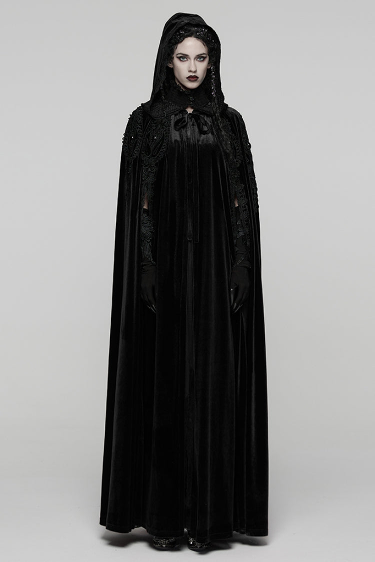 Black Floral Embroidery Diamante Velvet Hooded Women's Gothic Cloak - Black - 1