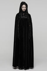 Black Floral Embroidery Diamante Velvet Hooded Women's Gothic Cloak - Black - 1
