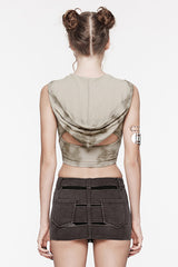 Black/Coffee Sleeveless Cutout Crossed Hooded Women's Punk Tank Top - Product - 3