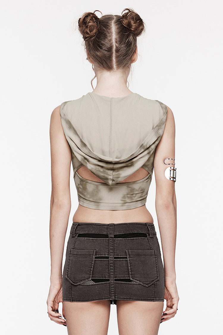 Black/Coffee Sleeveless Cutout Crossed Hooded Women's Punk Tank Top - Product - 3