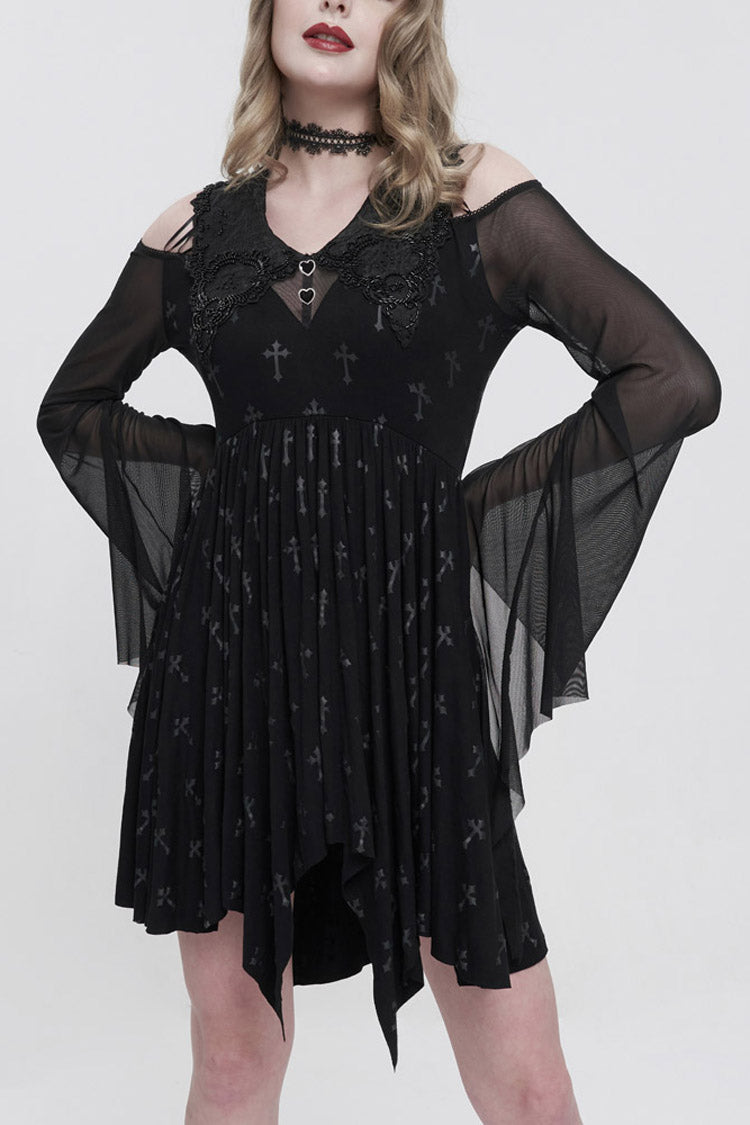 Black Sleeves Cross Print Embroidered And Beaded Neckline Stretch-Mesh Flared Women's Gothic Dress - Black - 1