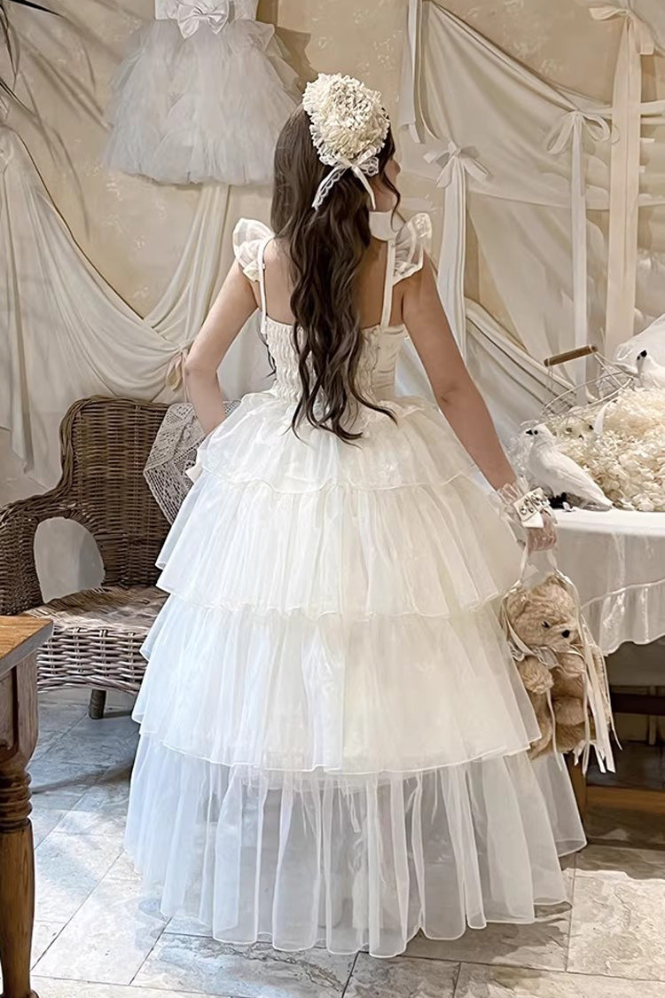 Beige [Mousse Serenade] Triple-Layered Ruffled Hanayome Bow Lace Sweet Princess Lolita Strapless Dress - Product - 4