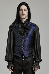 Black/Blue V Collar Jacquard Lace-Up Men's Gothic Vest - Black/Blue - 1
