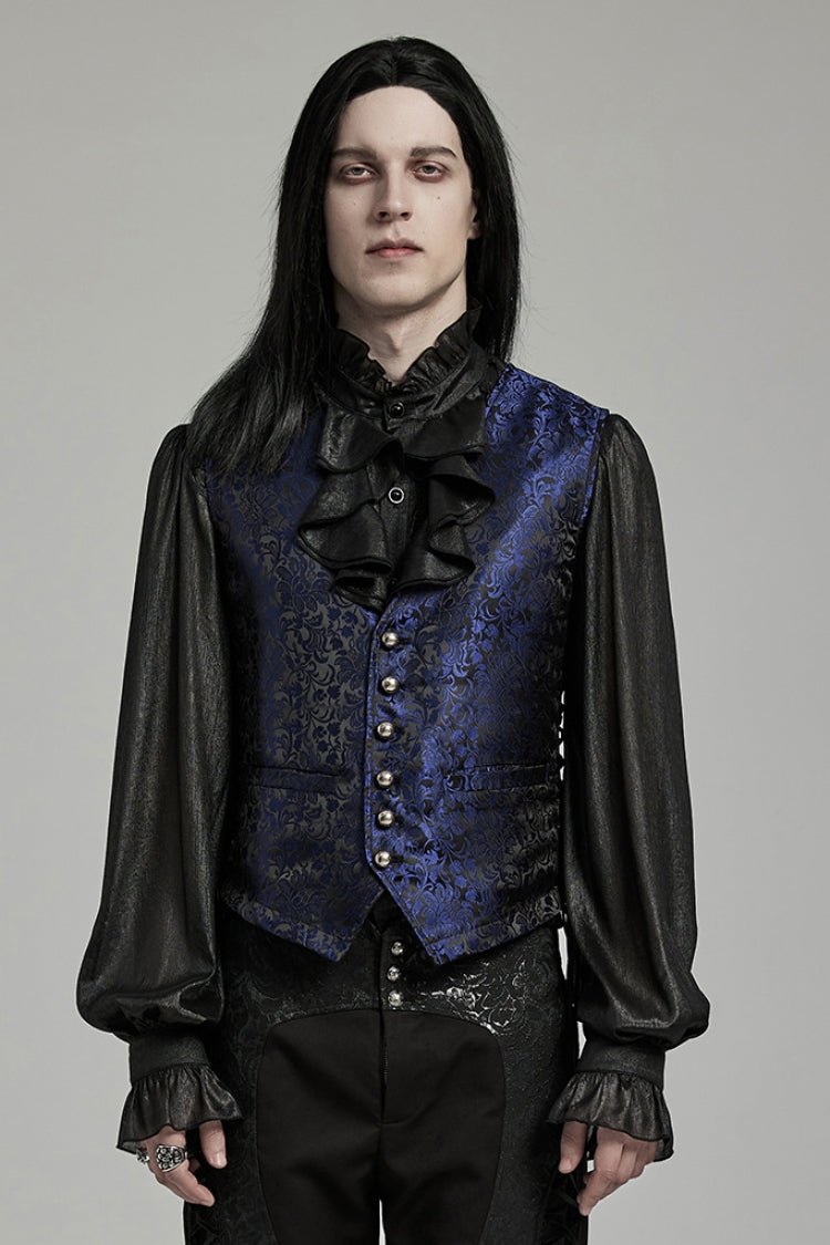 Black/Blue V Collar Jacquard Lace-Up Men's Gothic Vest - Black/Blue - 1