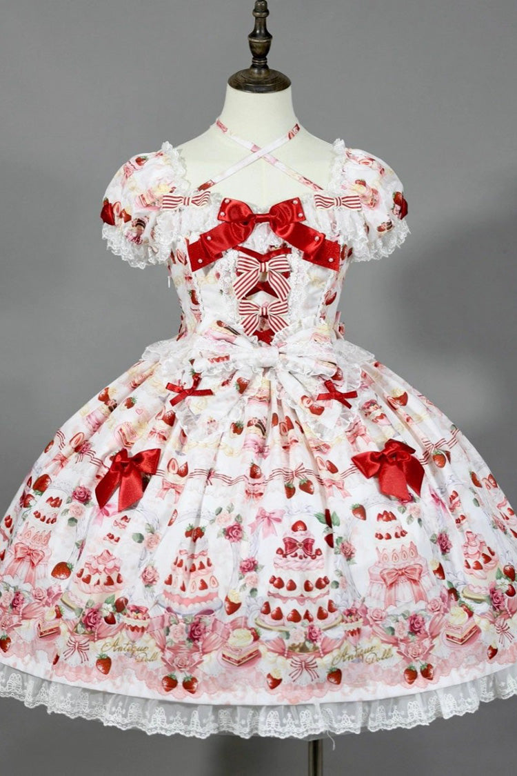 [Strawberry Cake Bouquet] Print Square Collar Short Sleeves Bowknot Lace Sweet Lolita Dress 3 Colors - White - 2