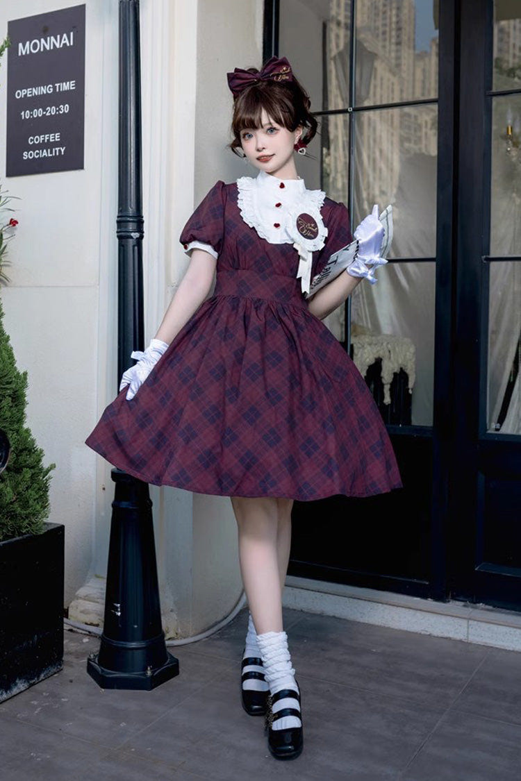 Showa Girls Summer Plaid Print Daily Short Sleeves Classic Princess Lolita Dress 2 Colors - Wine - 3