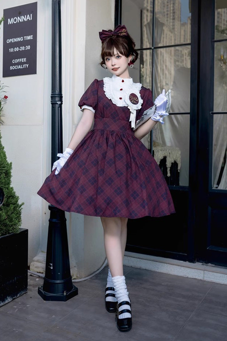 Showa Girls Summer Plaid Print Daily Short Sleeves Classic Princess Lolita Dress 2 Colors - Wine - 3