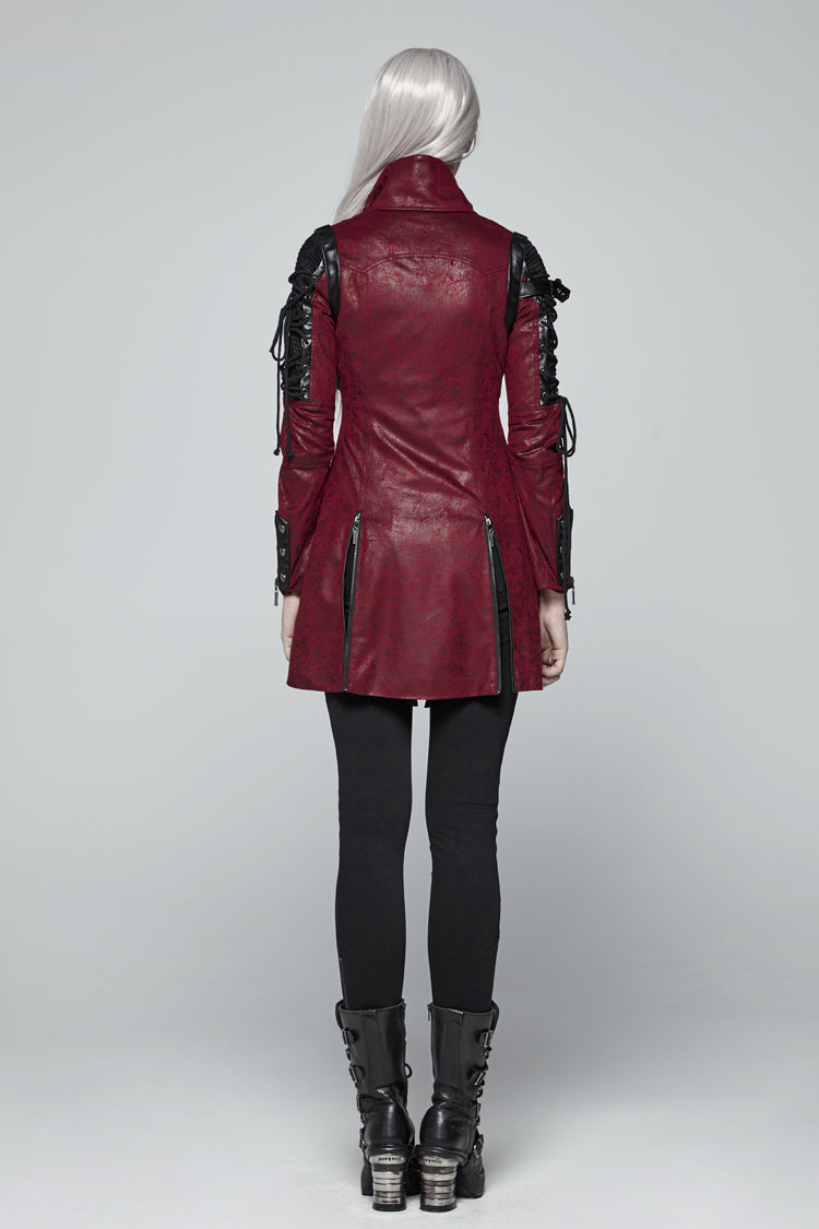 Red Metal Buckle Decoration Zipper Womens Steampunk Windbreaker Coat - Product - 7