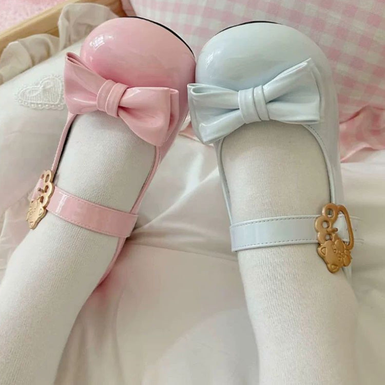 Cute Cat Element Round-Toe Bow Mary Jane Shoes with Cat Paw Heels 7 Colors - Pink/Blue - 8
