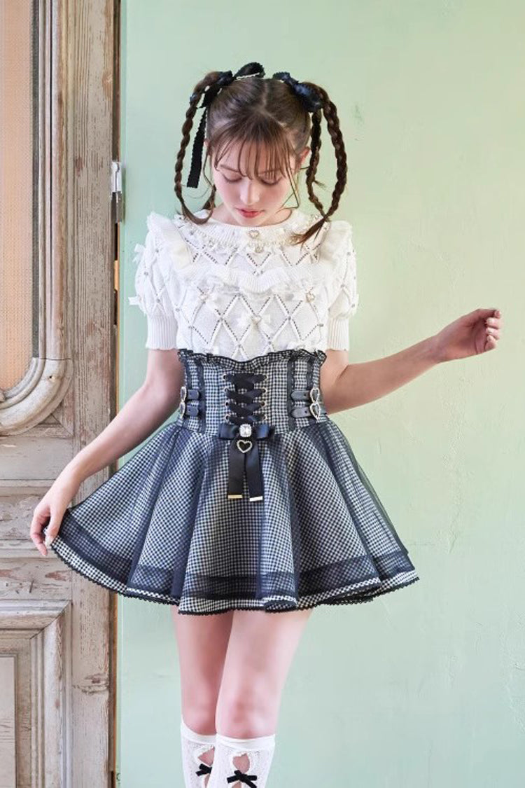 Japanese High Waisted Ruffle Mesh Belt Buckles Jirai Kei Skirt 3 Colors - Black/Plaid - 2