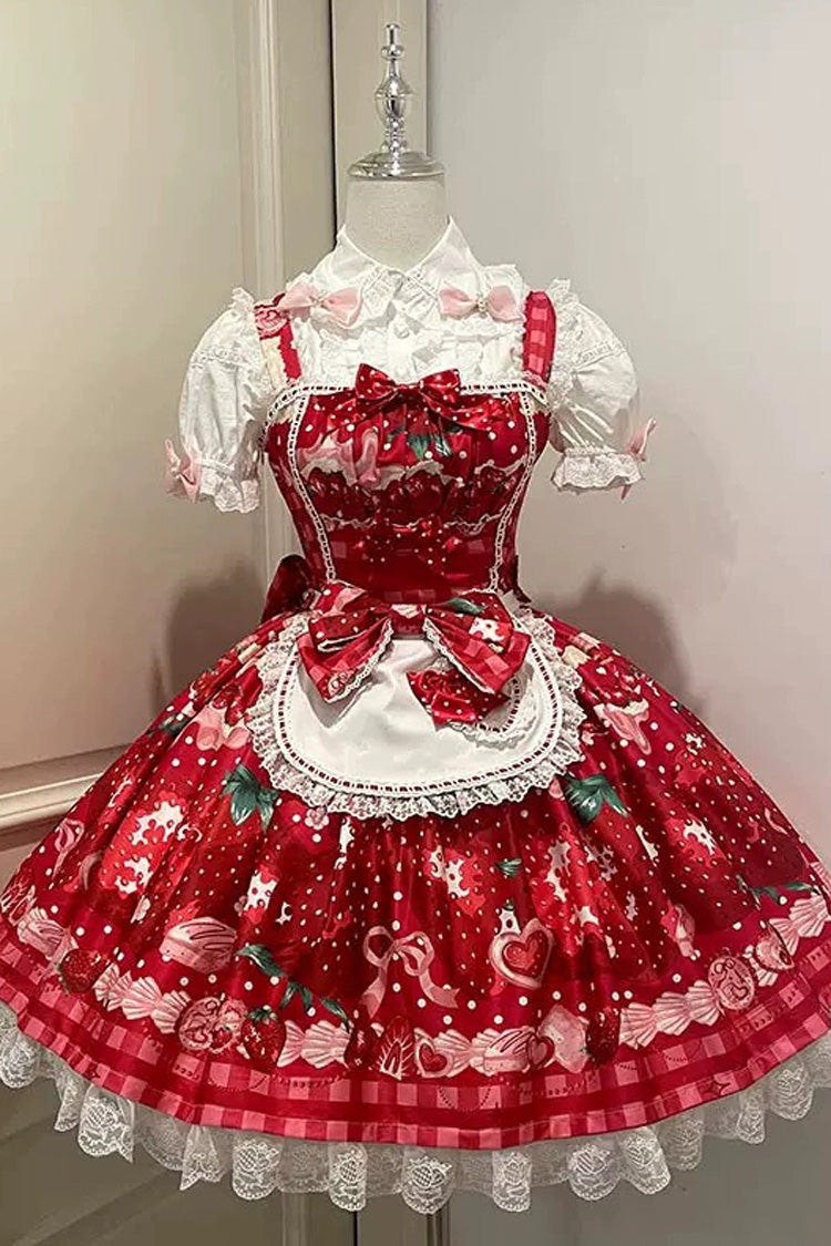 [Dream to Strawberry] Print Ruffle Bowknot Lace Sweet Lolita Jsk Dress 4 Colors - Red - 11