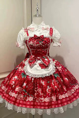 [Dream to Strawberry] Print Ruffle Bowknot Lace Sweet Lolita Jsk Dress 4 Colors - Red - 11