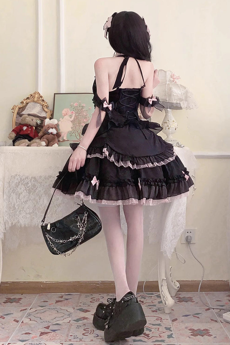 Black/Pink Lace Up Multi-layer Ruffle Cardigan Bowknot Gothic Lolita Jsk Dress - Product - 8