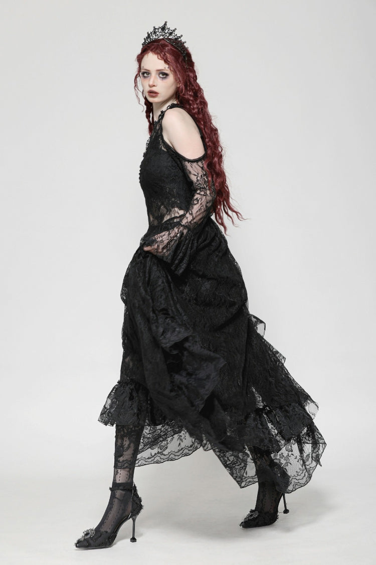 Black Off Shoulder Long Sleeves Women's Gothic Irregular Lace Dress Wedding Dress - Product - 7
