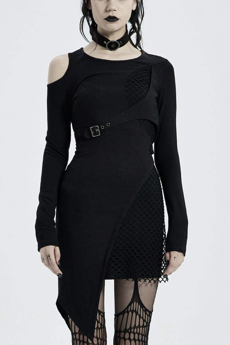 Black Off Shoulder Hollow Stitching Irregular Mesh Women's Steampunk Dress - Black - 1