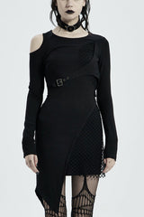 Black Off Shoulder Hollow Stitching Irregular Mesh Women's Steampunk Dress - Black - 1