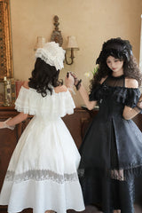 White [Flowers in the Mist] Off Shoulder Halterneck Print Ruffle Gothic Elegant Lolita Dress - Product - 16