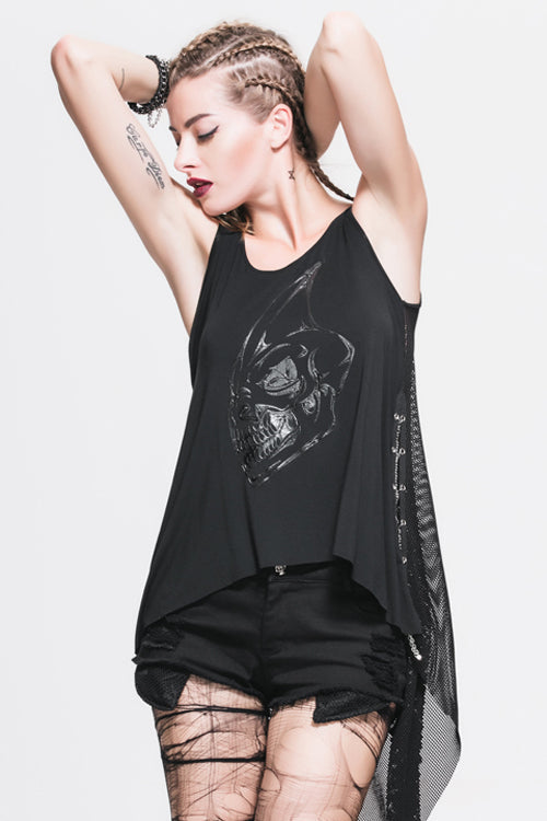 Black Sleeveless Dragon Print Dragon-Tail Transparent Lace Back Womens Punk T-shirt - Product - 2