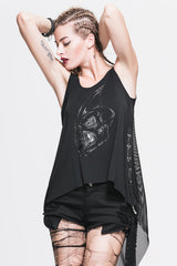 Black Sleeveless Dragon Print Dragon-Tail Transparent Lace Back Womens Punk T-shirt - Product - 2