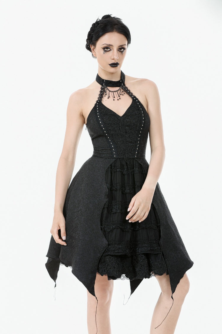 Black Off Shoulder Halterneck Sleeveless Lace Lace-Up Women's Gothic Party Dress - Black - 1