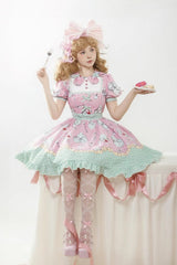 Pink/Green Tea Time Donut, Cake and Bear Print Ruffle Sweet Elegant Lolita Dress - Product - 2