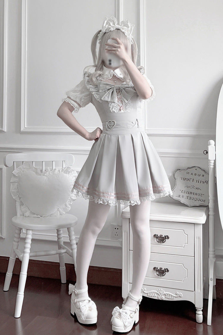 [Pearl Letter] Lapel Collar Short Sleeves Ruffled Bow Lace Jirai Kei Japanese Dress 2 Colors - Product - 9