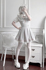 [Pearl Letter] Lapel Collar Short Sleeves Ruffled Bow Lace Jirai Kei Japanese Dress 2 Colors - Product - 9