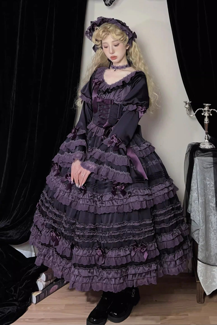 Purple Layered Blackcurrant Short Sleeves Ruffle Bowknot Lace Sweet (Set) detail view 8